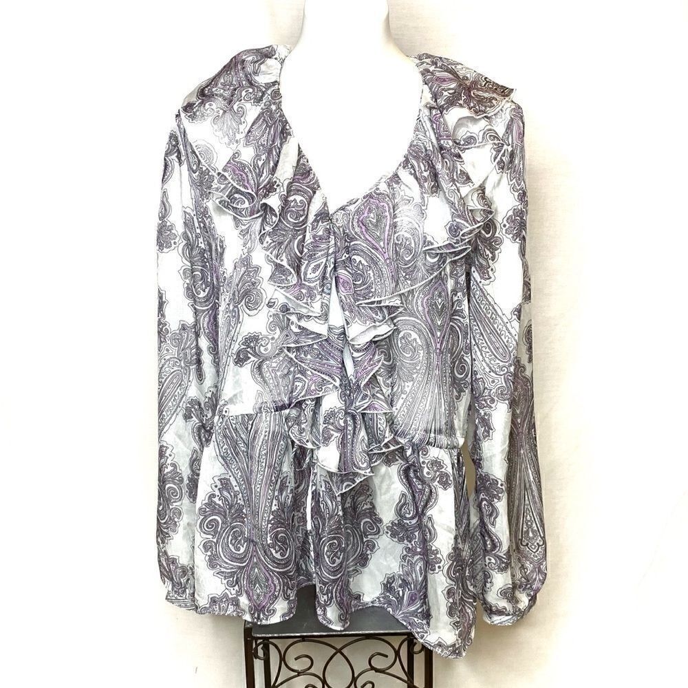 Boston Proper purple paisley ruffle front blouse M